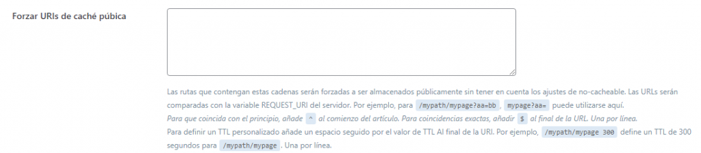 Página de configuración de Caché de LiteSpeed, sección Forzar URIs de caché pública