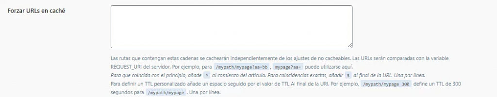 Página de configuración de Caché de LiteSpeed, sección Forzar URLs en caché