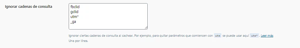 Página de configuración de Caché de LiteSpeed, sección Ignorar cadenas de consulta