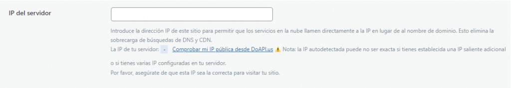 Ajustes generales de LiteSpeed Cache, sección IP del servidor