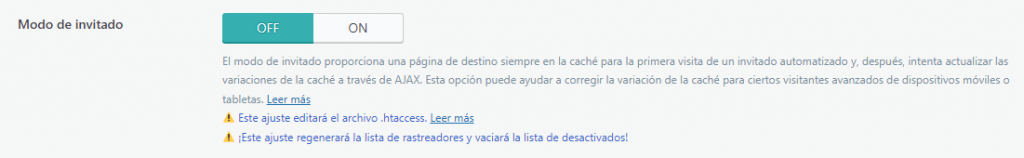 Ajustes generales de LiteSpeed Cache, sección Modo de invitado