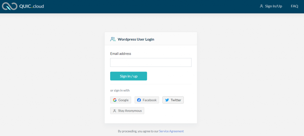 Página de registro de Quic.cloud