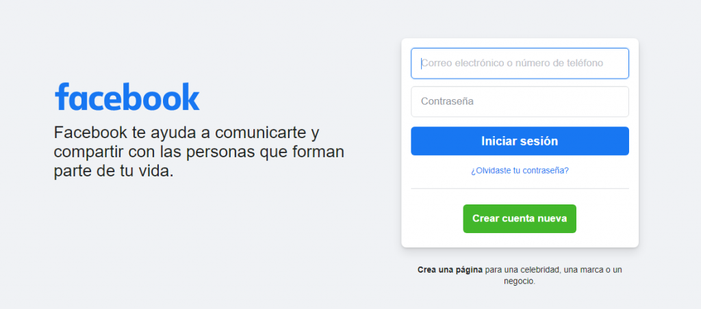 Página de inicio de sesión de Facebook