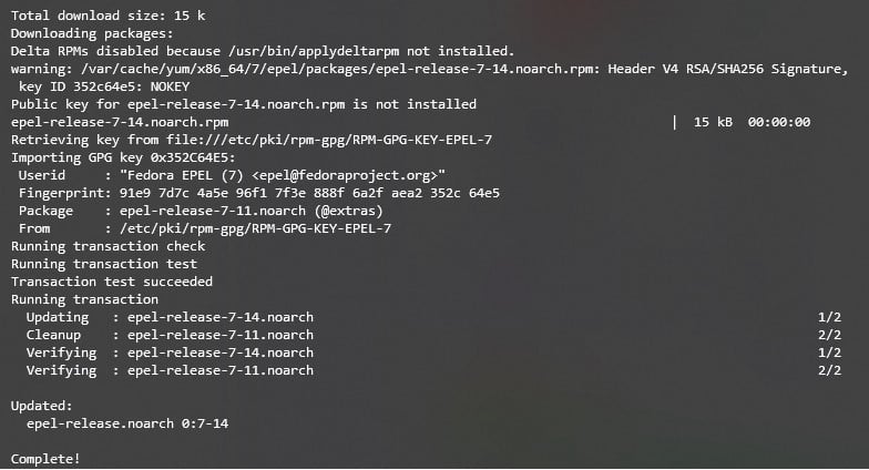 Visualización de la instalación completada de los EPEL