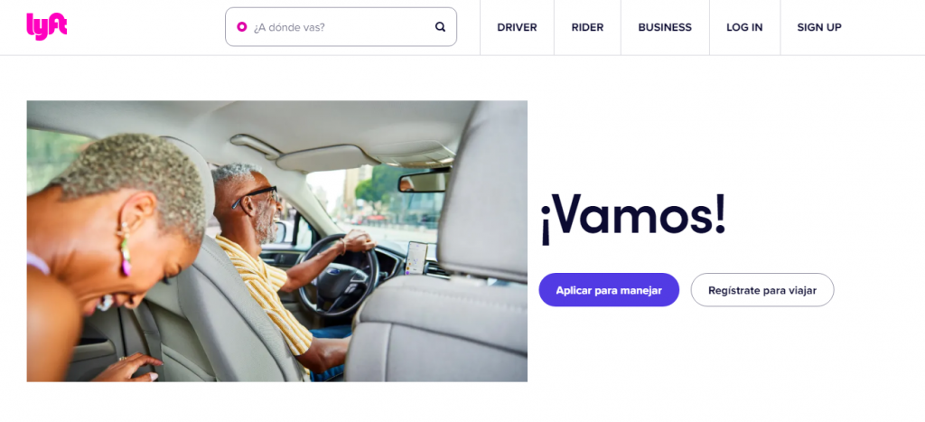 Página de inicio del sitio web de Lyft