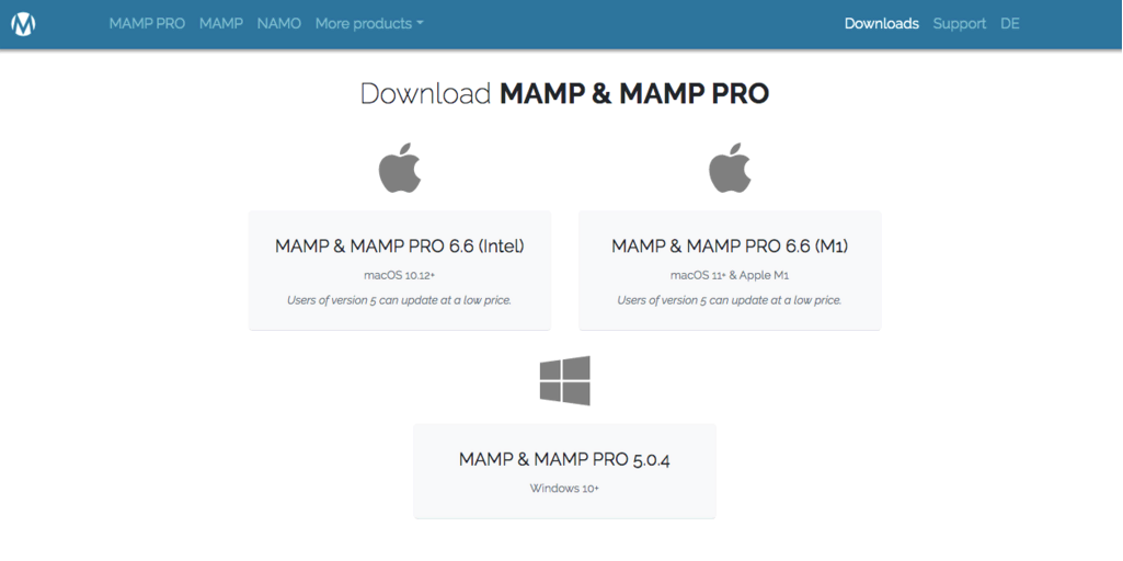 Página de descarga del sitio web de MAMP
