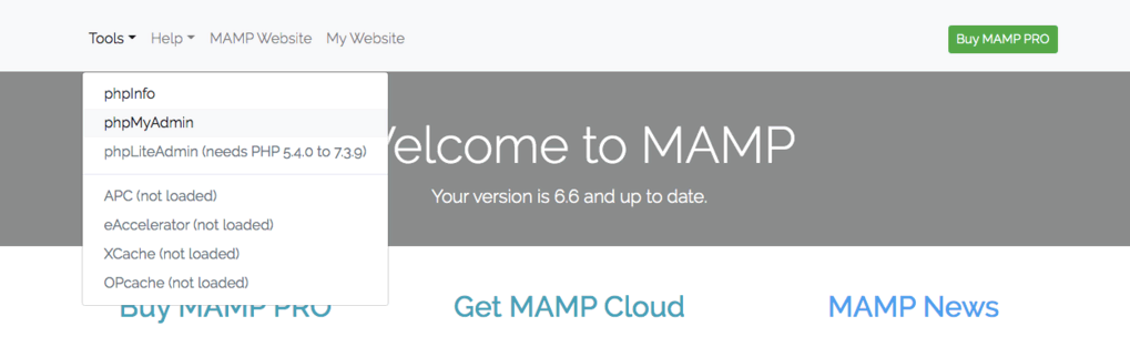 Visualización de la opción phpMyAdmin en el panel de control de MAMP