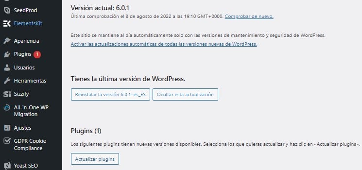 Vista previa del escritorio de WordPress para ver actualizaciones disponibles
