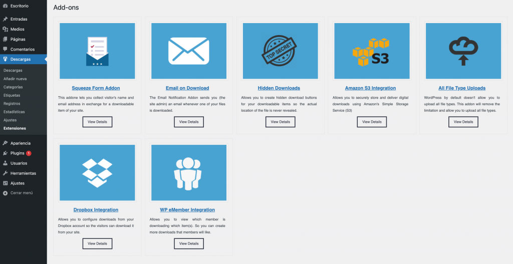 Opciones de extenciones para Simple Download Monitor en el panel de control