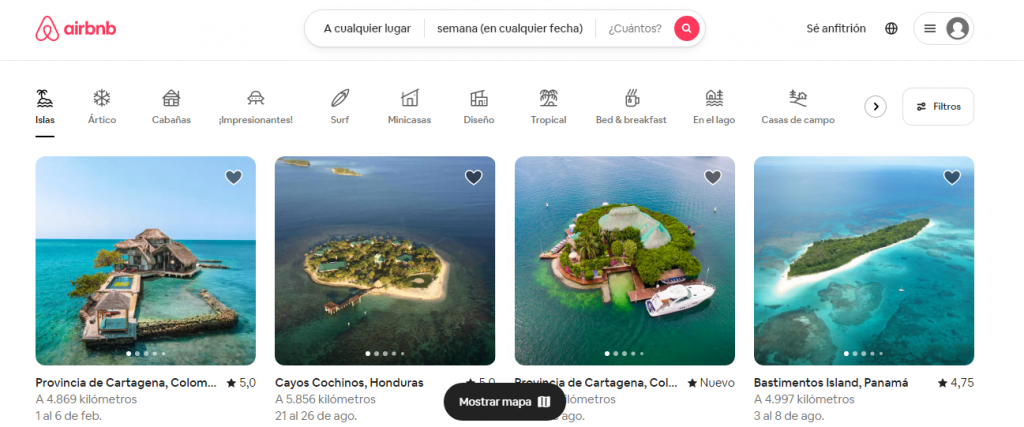 Página de inicio del sitio web de Airbnb