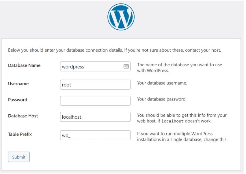 Detalles de la base de datos para la conexión