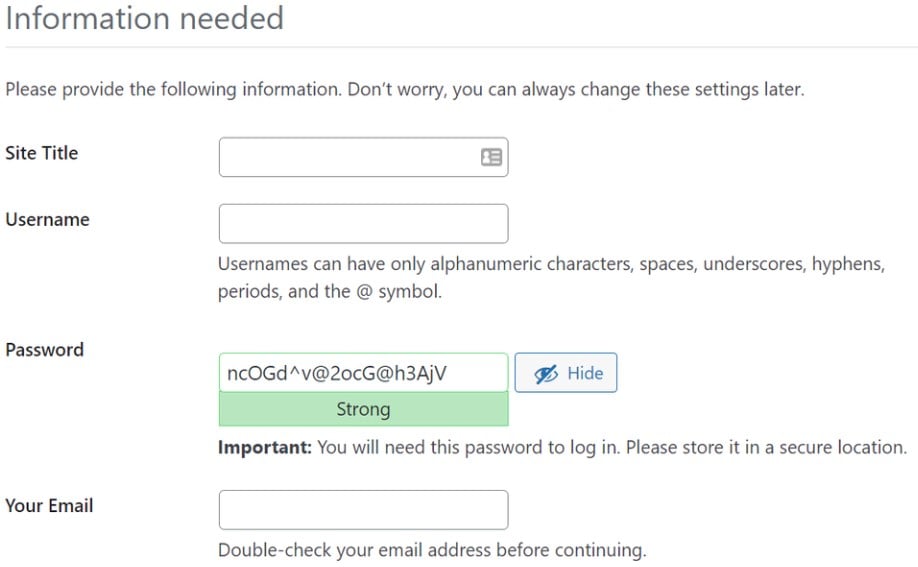 Datos para continuar con el proceso de instalación