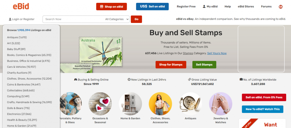 Página de inicio de eBid