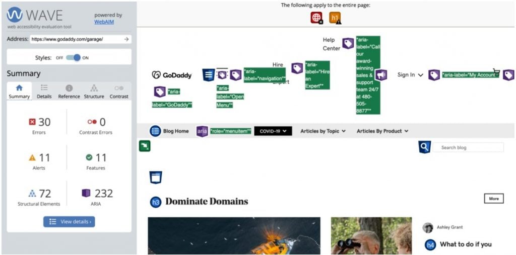 Ejemplo de la herramienta de accesibilidad WAVE