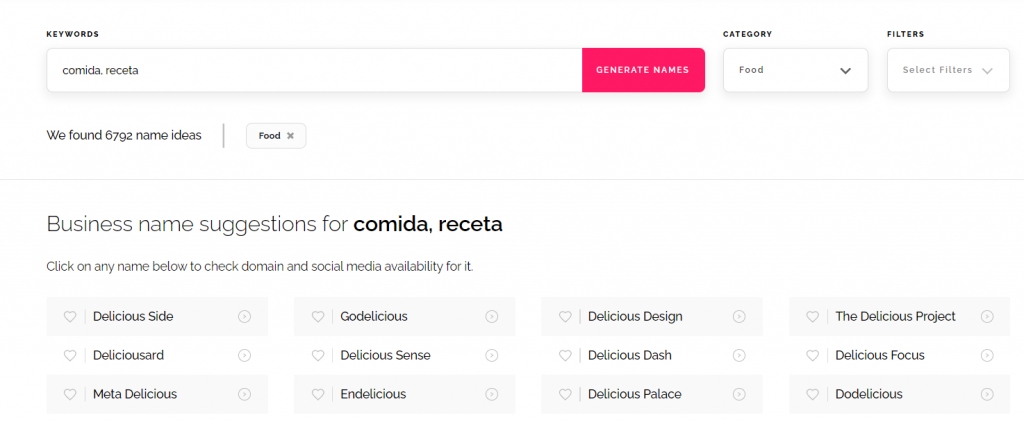 Resultados de búsqueda en Namify