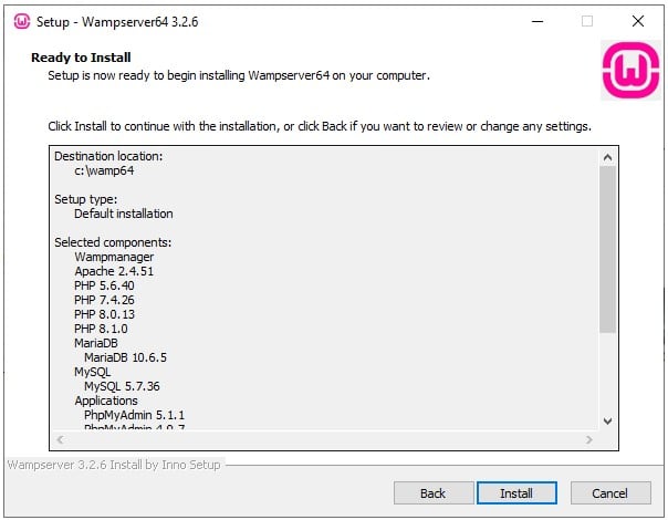 Ventana para empezar la instalación de WampServer