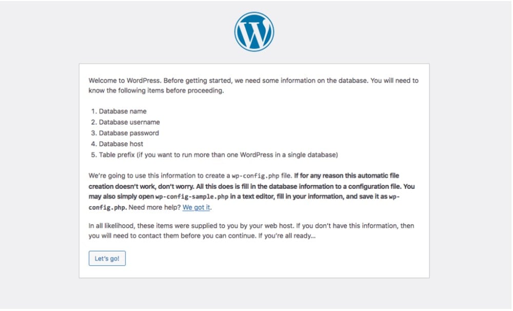 Ventana de instalación de WordPress
