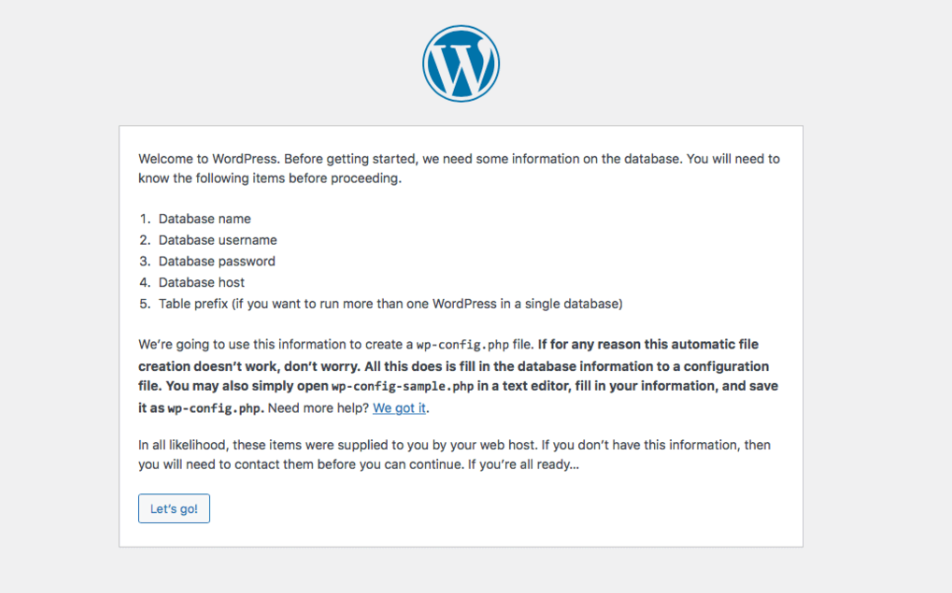 Página de bienvenida de WordPress