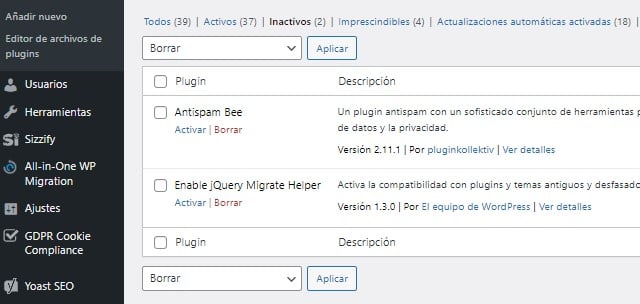 Vista previa de los plugins inactivos para ser eliminados