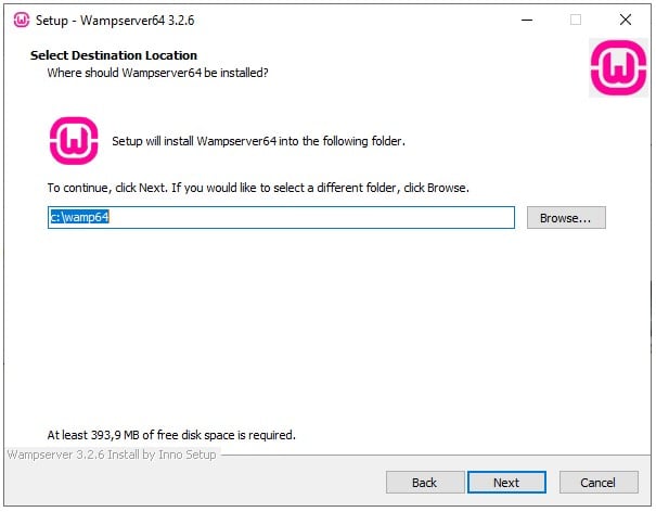 Ventana para elegir el destino o carpeta donde se guardará WampServer