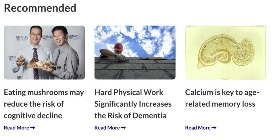 Ejemplo de visualización de artículos recomendados y relacionados dependiendo la categoría