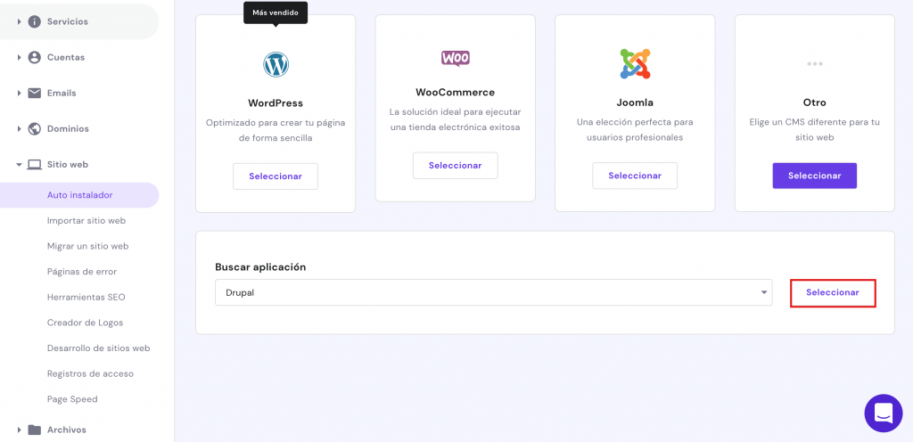 La ventana del Auto instalador en hPanel. Drupal está seleccionado