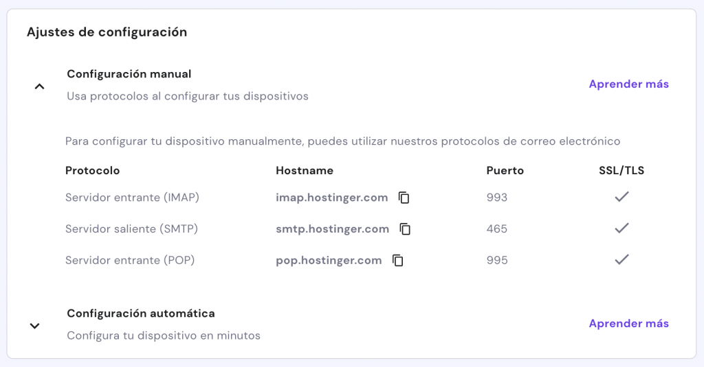 Menú de configuraciones manuales para correos electrónicos en hPanel.