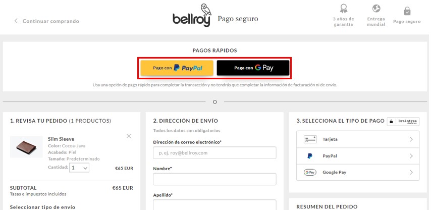 Ejemplo de pagos rápidos de la empresa Bellroy