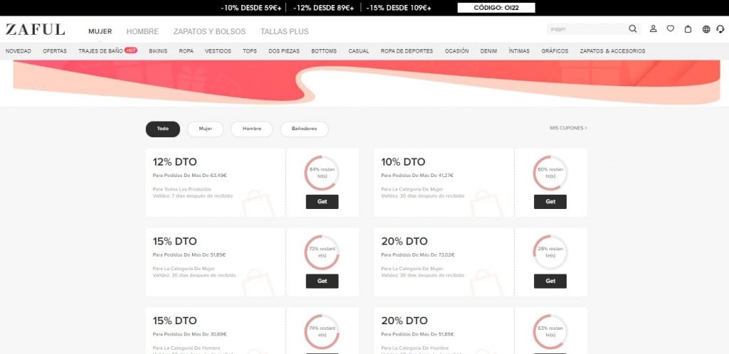 Visualización de los cupones que ofrece ZAFUL en su tienda online
