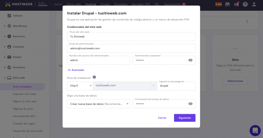 La ventana de instalación de Drupal en hPanel