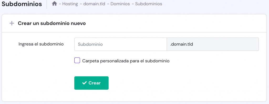 La página de subdominios en hPanel