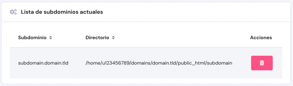 La página de subdominios en hPanel. El subdominio creado se ve 