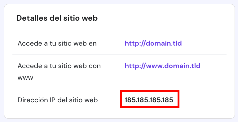 La página de detalles del Plan en hPanel. La IP de alojamiento está resaltada