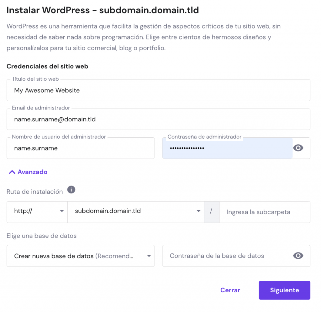 El proceso de instalación de WordPress para un subdominio a través de Hostinger hPanel