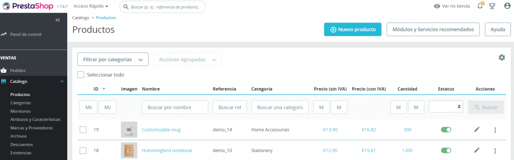 Sección de Productos de PrestaShop
