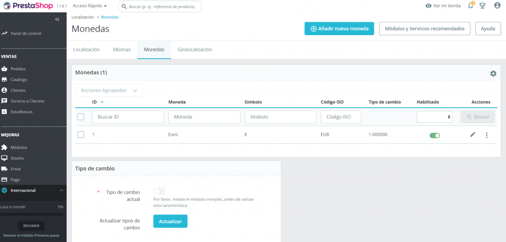 Sección de Monedas de PrestaShop