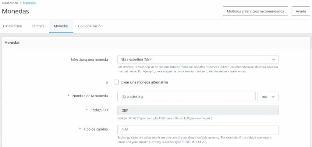 Sección para Añadir nueva moneda en PrestaShop