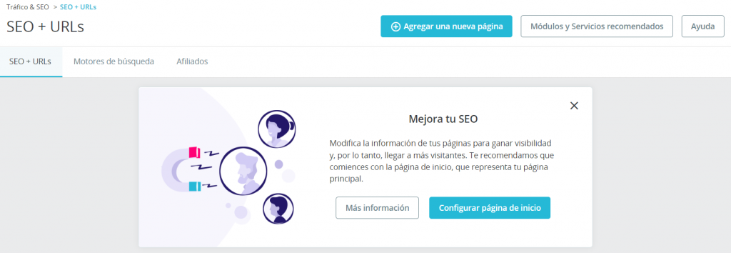 Sección Tráfico y SEO de PrestaShop