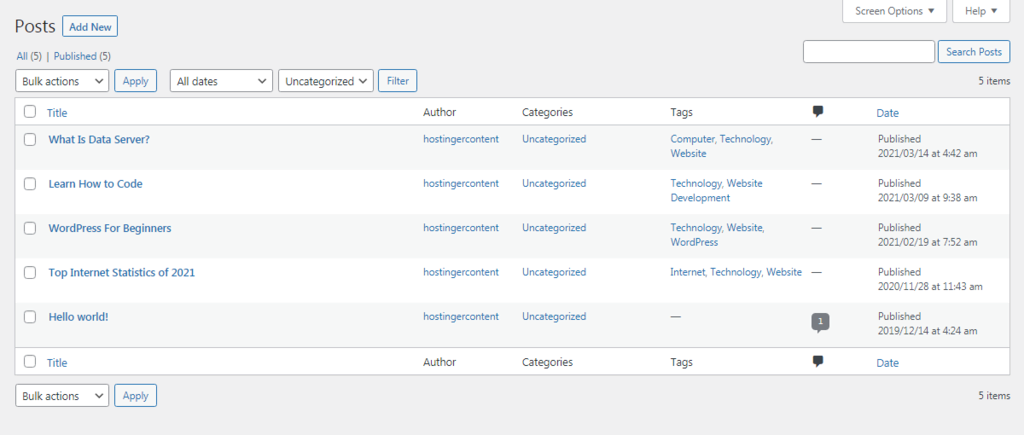 Sección de entradas en WordPress.