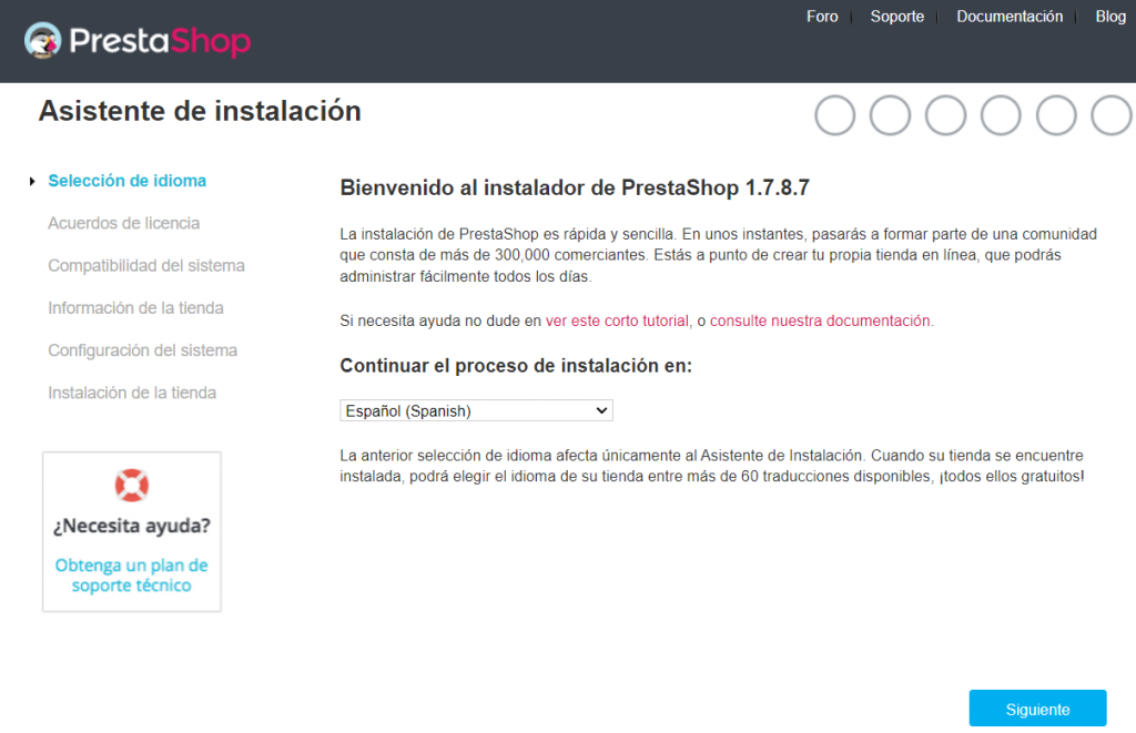 Asistente de instalación de PrestaShop