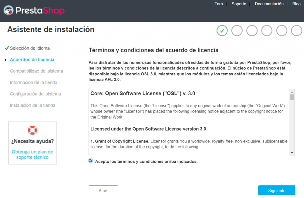 Asistente de instalación de PrestaShop