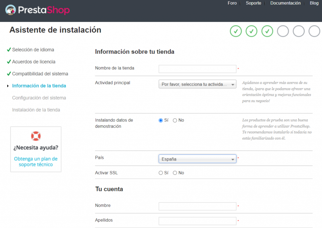 Asistente de instalación de PrestaShop