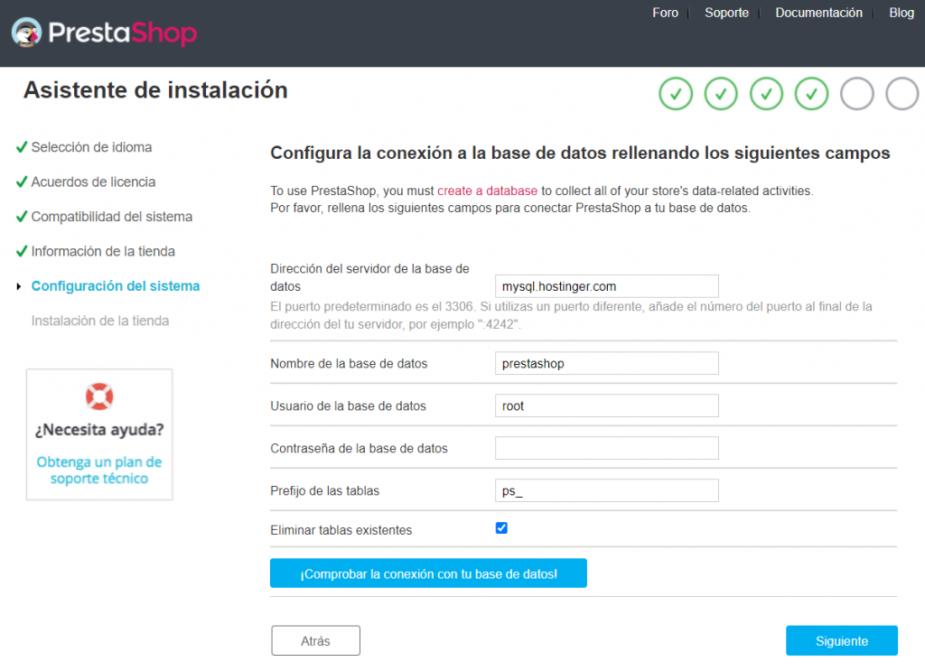 Asistente de instalación de PrestaShop