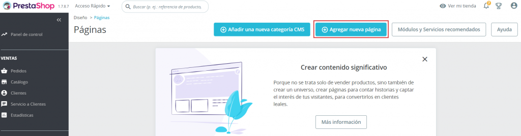 Sección páginas de PrestaShop