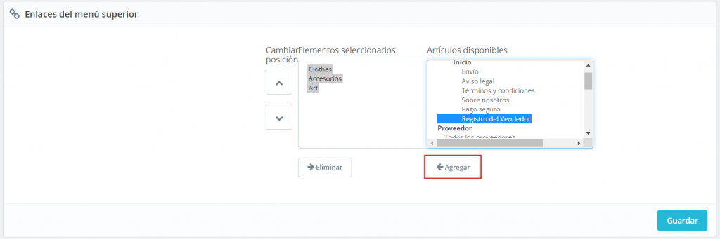 Administrador de módulos: sección menú en PrestaShop