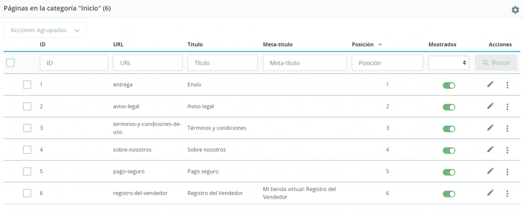 Sección Páginas de PrestaShop