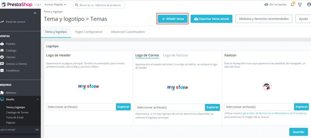 Sección para añadir un tema en PrestaShop
