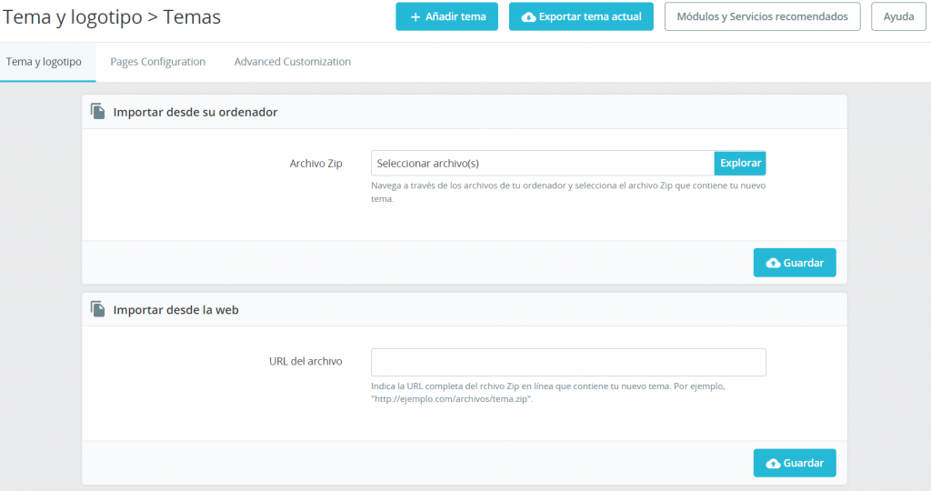 Sección de Tema y logotipo de PrestaShop