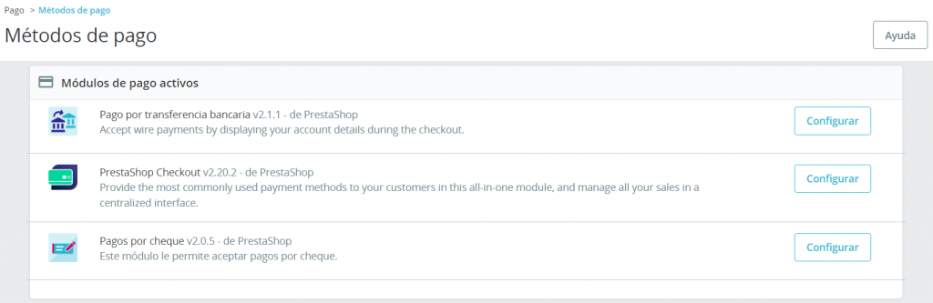 Sección de Métodos de pago en PrestaShop