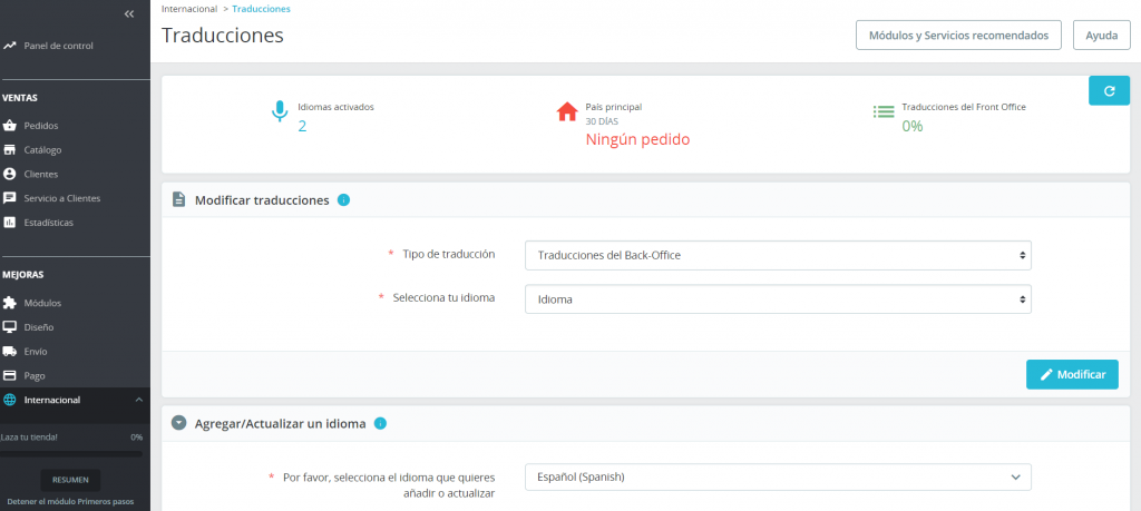 Sección de Traducciones en PrestaShop